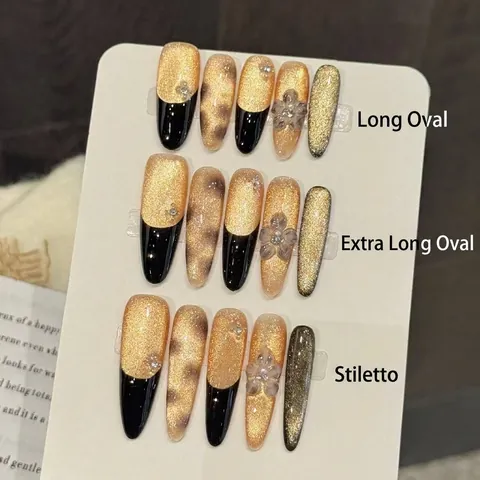 Press On Nails Gold Cat Eye Black French Tip Luxury Handmade 3D Flower Rhinestone Elegant Artificial Fingernails