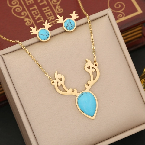Antler Pendant Necklace Turquoise Jewelry Earrings Bracelet Ring Stainless Steel Gold Plated Deer Horn Clavicle Chain Women