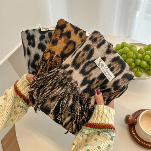 Sciarpa Con Stampa Leopardata Morbida Imitazione Cashmere Pashmina Sciarpa Calda Invernale Con Nappe Per Donne