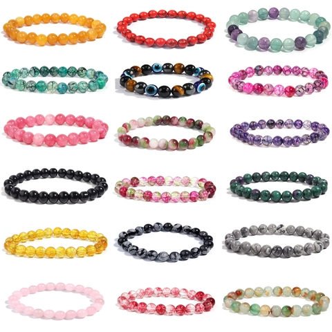 Natural Stone Beaded Bracelet For Women Men Agate Tiger Eye Lava Stone Rose Quartz Elastic Healing Crystal Beads Jewelry