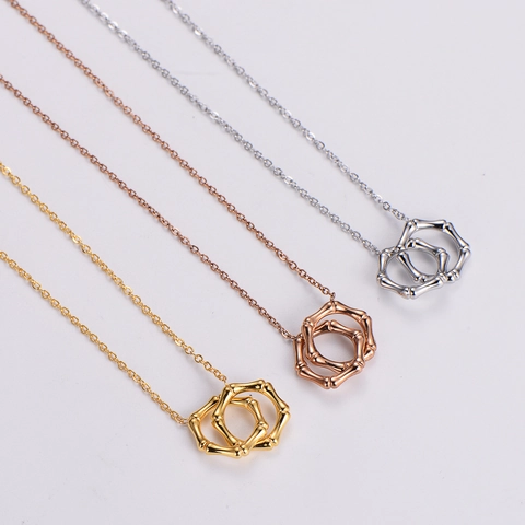 Verweven Dubbele Ring Ketting Bamboe Knoop Textuur 316L Roestvrij Staal Minimalistische Sieraden Voor Dames