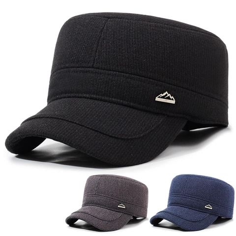 Berretto Cadet Invernale Da Uomo Caldo Lana Cotone Cappello Militare A Cima Piatta Con Protezione Per Le Orecchie