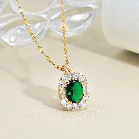 Vintage Emerald Green Zircon Jewelry For Women Gold Plated Oval Halo Necklace Earrings And Adjustable Ring