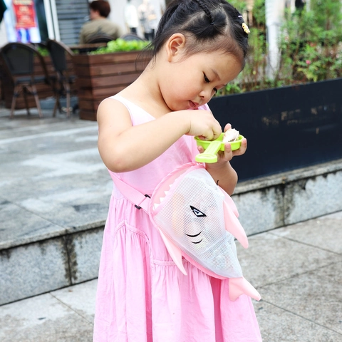 Kids Beach Bag Shark Shape Mesh Toy Organizer Crossbody Shell Bag For Summer Travel Children