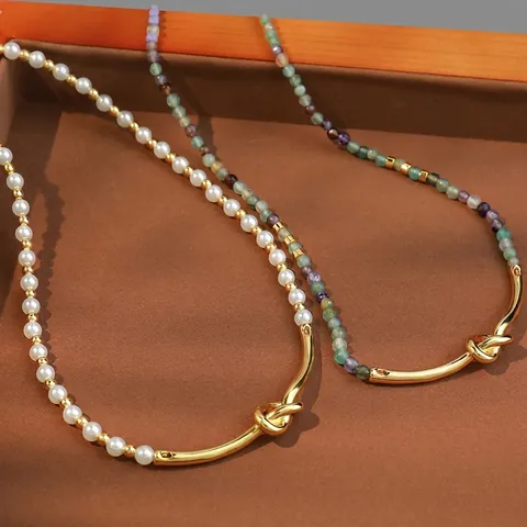 Collar de Cuentas de Cobre de Estilo Francés Bohemio para Mujer Con Perla Artificial y Nudo de Piedra Natural Cadena de Clavícula