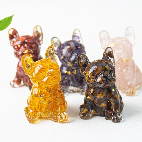 French Bulldog Figurine Natural Crystal Gravel Resin Dog Statue Gold Foil Small Desk Ornament Home Decor Animal Healing