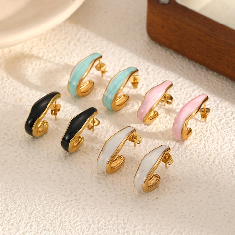 Fashion Colorful Enamel C Shape Earrings For Women 18K Gold Plated Stainless Steel Geometric Water Drop Ear Studs