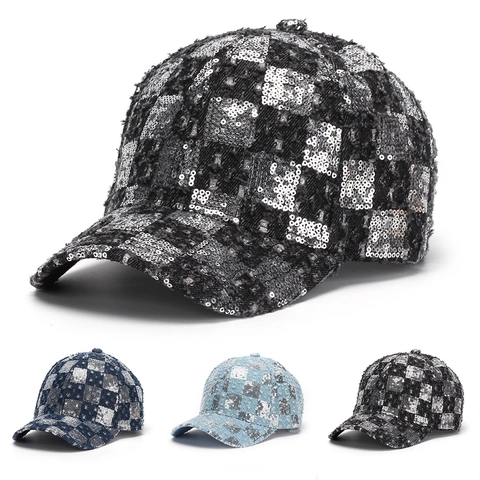 Sequin Checkerboard Baseball Cap Denim Distressed Plaid Sun Protection Outdoor Fashion Hat For Women