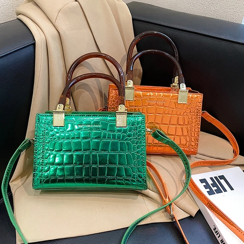 Bolso Bandolera Con Patrón De Cocodrilo Para Mujer Cuero PU Brillante Bolso De Mano Con Asa De Resina Retro Cuadrado