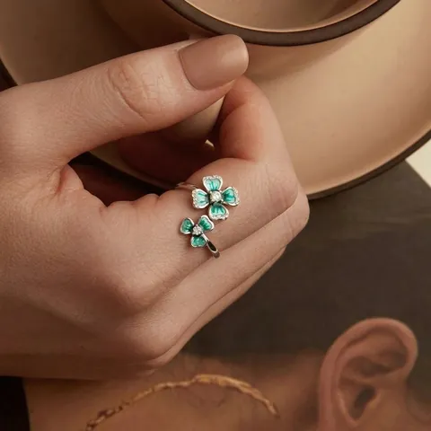 S925 Sterling Silver Green Enamel Clover Open Ring For Women Adjustable Finger Ring Zirconia Leaf Jewelry Gift