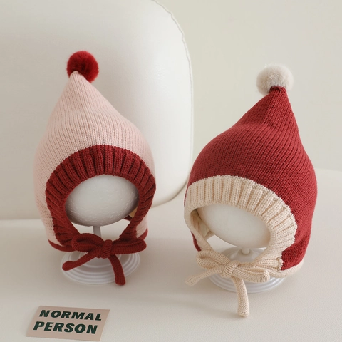 Baby Knit Hat Pointed Elf Bonnet Winter Warm Earflap Beanie With Pom Pom And Adjustable Strap Contrast Color Toddler