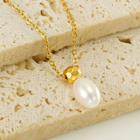 Artificial Pearl Pendant Necklace 18K Gold Plated Stainless Steel Water Drop Shape Geometric Bead Elegant Minimalist Jewelry For Women