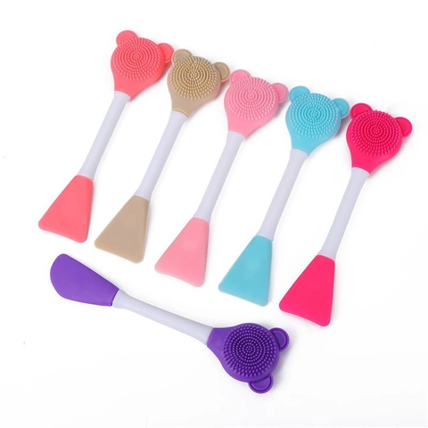 Double Ended Silicone Face Mask Brush And Facial Cleansing Scrubber Tool With Bear Head Shape Soft Bristles Portable Cute