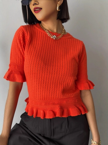 Women Ruffle Trim Knit Top Short Sleeve Round Neck Solid Color Casual Hollow Texture Sweater Shirt Tee