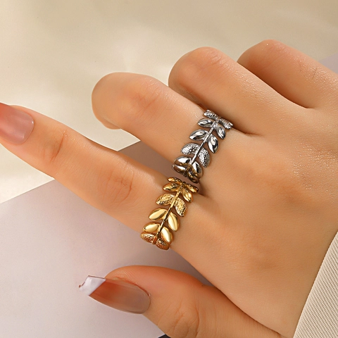 Edelstahl Blatt Ring 18K Vergoldet Verstellbar Offen Olivenzweig Weizenmuster Trendiger Modeschmuck Für Frauen
