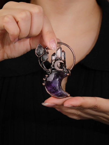 Vintage Amethyst Crescent Moon Pendant Necklace Handmade White Crystal Antique Copper Wire Wrapped Bohemian Jewelry