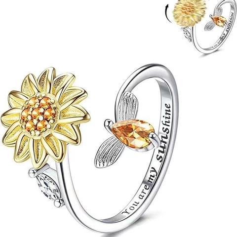 Fidget Spinner Ring Women Copper Zircon Sunflower Butterfly Rotatable Adjustable Open Anxiety Relief Fashion Jewelry