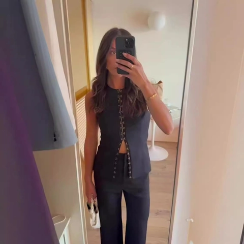 Women Sleeveless Vest Top And Straight Leg Pants Outfits Solid Color Metal Hook And Eye Closures Commuter Style Polyester