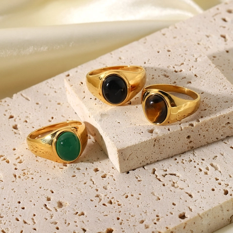 Vintage 18K Gold Plated Stainless Steel Signet Ring Oval Cabochon Natural Stone Minimalist Jewelry Unisex