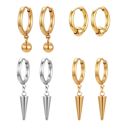 Stainless Steel Hoop Earrings With Cone And Round Ball Pendants Punk Hip Hop Geometric Jewelry Unisex