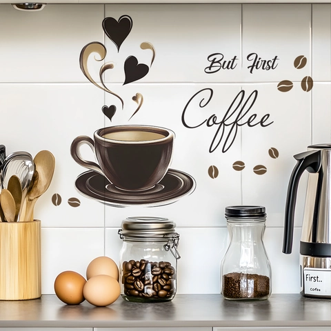 Adesivo Da Parete Tazza Di Caffè PVC But First Coffee Citazione Decorazione Cucina Caffè Moderno Minimalista