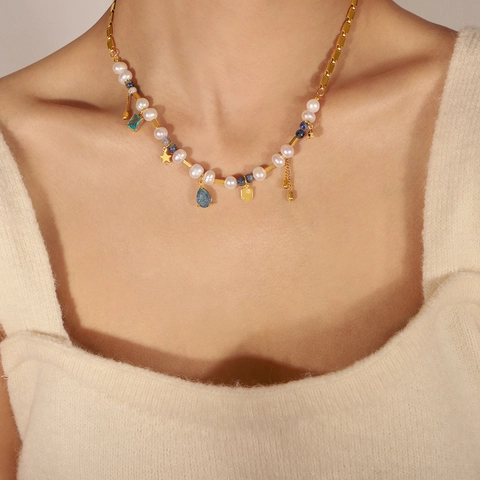 Collier Perlé Avec Perles D'eau Douce Pierre Naturelle Pendentifs Coeur Étoile Acier Titane Plaqué Or Bijoux Rétro Femme