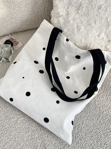 Canvas-Tragetasche Mit Schwarzem Punktmuster Große Kapazität Lässige Schulterhandtasche Minimalistische Einkaufstasche
