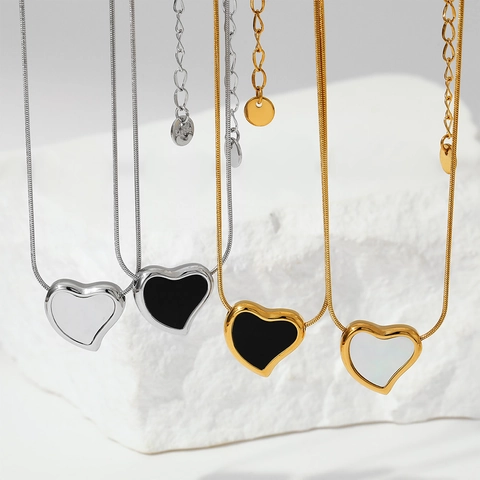 Elegant Stainless Steel Heart Pendant Necklace With Mother Of Artificial Pearl Enamel Inlay Snake Chain Jewelry For Women