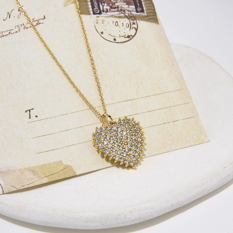 Luxury 18K Gold Plated Copper Heart Pendant Necklace With Paved Zirconia For Women Korean Style Fashion Jewelry