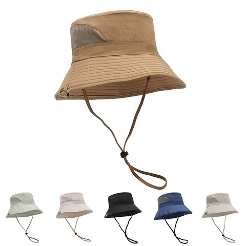 Outdoor Bucket Hat Polyester Mesh Sun Protection Quick Dry Breathable Windproof Drawstring Fishing Hiking Unisex