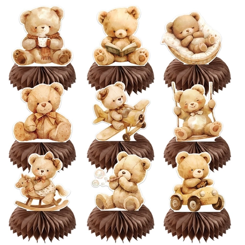 Décorations De Table En Nid D'abeille Ours En Peluche Carton Pour Baby Shower Anniversaire Style Aquarelle Mignon