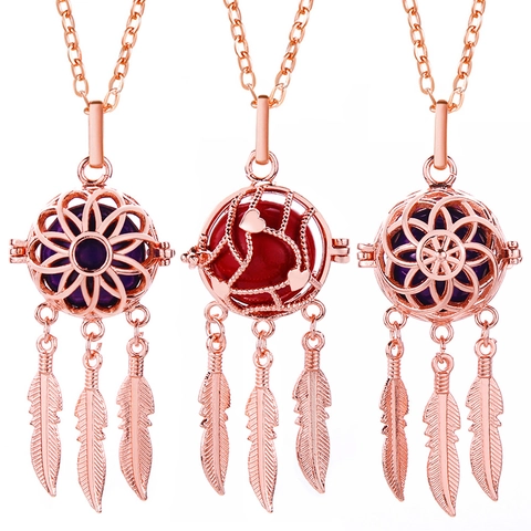 Collar Difusor Atrapasueños Cobre Colgante Relicario Pluma Borla Aromaterapia Aceite Esencial Joyería Mujer
