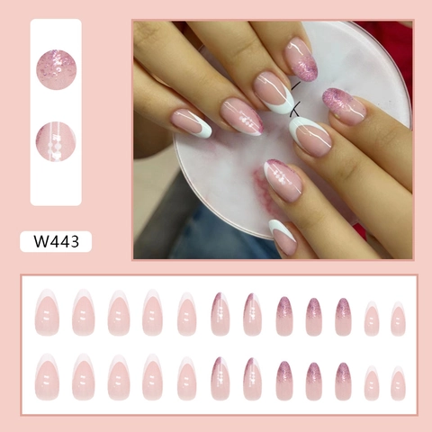 Faux Ongles Press On French Tip Forme Amande Dégradé Rose Paillettes Élégant Simple Blanc Pointes D'Ongles Artificielles Pour Femmes