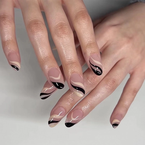 French Minimalist Black White Wavy Lines Press On Nails Glossy Almond Short False Nails With Glue Home Manicure
