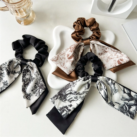 Chouchous À Nœud En Satin Pour Femmes Élastiques Imprimé Toile De Jouy Vintage Style Néo Chinois Soyeux