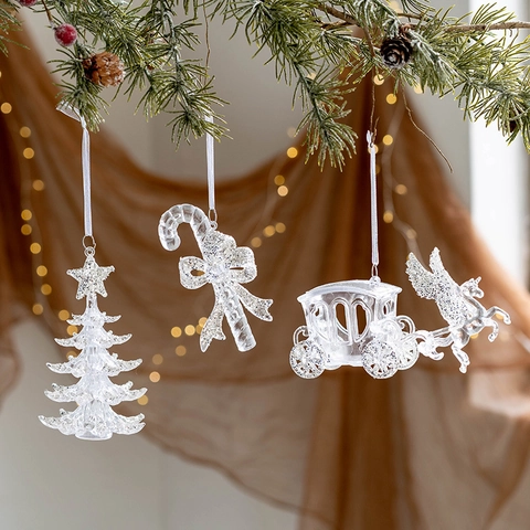 Klar Acryl Weihnachtsanhänger Set Silber Glitzer Engel Rentier Schneeflocke Schmetterling Weihnachtsbaum Party Deko Geschenk
