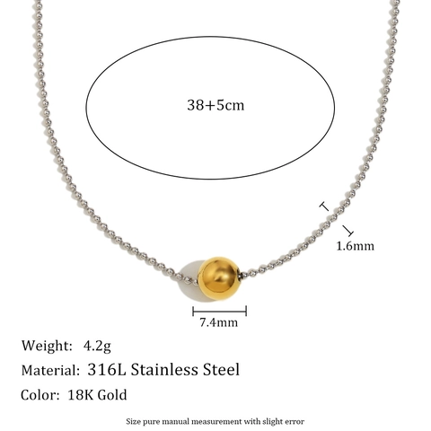Collier Chaîne À Billes Acier Inoxydable 316L Plaqué Or 18K Pendentif Perle Bijoux Géométriques Chic Minimalistes Pour Femmes