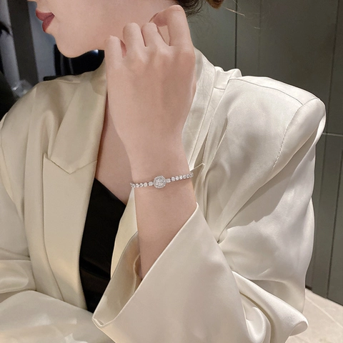 Adjustable Tennis Bracelet Copper Rhinestone Halo Geometric Minimalist Elegant Fashion Jewelry Gift For Women