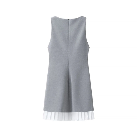 Ärmelloses Mini Kleid Grau Polyester Weißer Plissierter Saum Rundhalsausschnitt Preppy Stil Damen