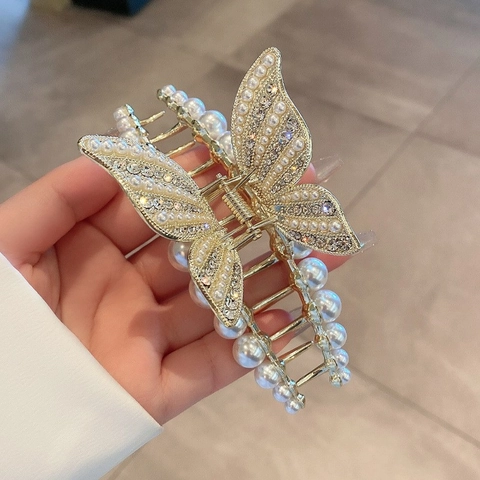 Molletta Per Capelli A Farfalla Con Perla Artificial Sintetica E Strass Lega Grande Pinza Per Capelli Accessorio Elegante Da Donna