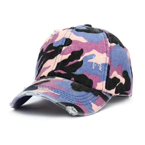 Camouflage Baseball Cap Cotton Polyester Washed Distressed Ponytail Hole Criss Cross Elastic Adjustable Retro Hat Women