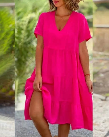 Robe Midi d'Été pour Femmes à Col en V et Manches Courtes en Linge de Coton Doux à Étages Grande Amplitude Couleur Unie Décontractée