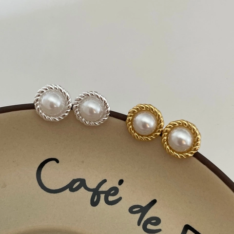 Pendientes De Perla Artificial Vintage Francés Con Poste De Plata De Ley 925 Diseño De Cuerda Retorcida Redonda Para Mujer