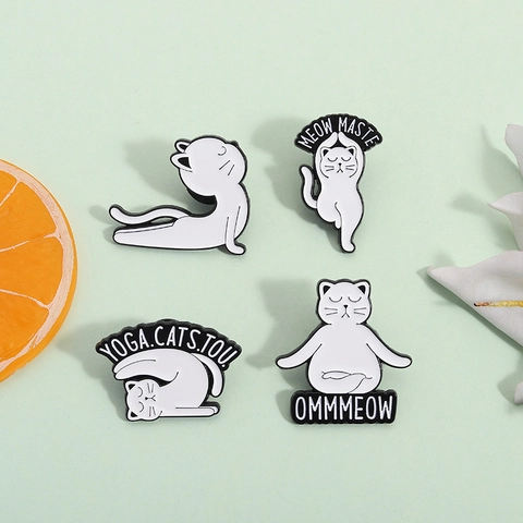 Funny Yoga Cat Enamel Pin Cartoon White Kitten Brooch Badge For Backpack Clothing Accessory Alloy Jewelry Animal Gift