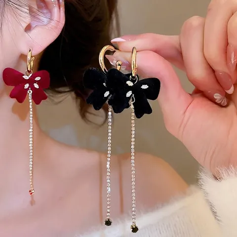 Samt Schleife Quaste Ohrringe Mit Silber Ohrstecker Lange Strass Drop Elegante Retro Schmuck Für Damen