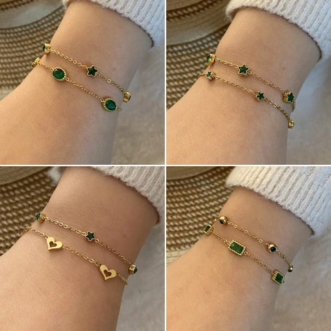 Bracciale A Strati Con Stella E Cuore In Vetro Verde Smeraldo Vintage Acciaio Inossidabile Gioielli Per Donna