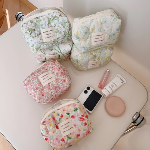 Trousse De Toilette En Coton Matelassé À Imprimé Fleuri Pochette De Maquillage Portable Organisateur De Voyage Style Doux Femmes
