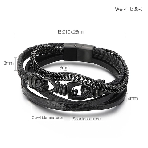 Bracciale Multistrato Da Uomo In Pelle Intrecciata Catena In Acciaio Inossidabile Gioielli Punk Moda Chiusura Magnetica