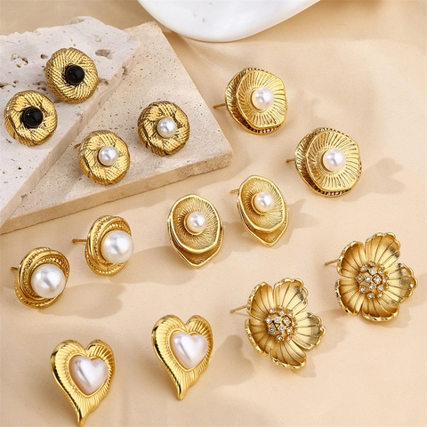 Pendientes de Botón de Acero Inoxidable de Lujo con Perla Artificial Mujer Vintage Chapado en Oro Flor Solar Joyería