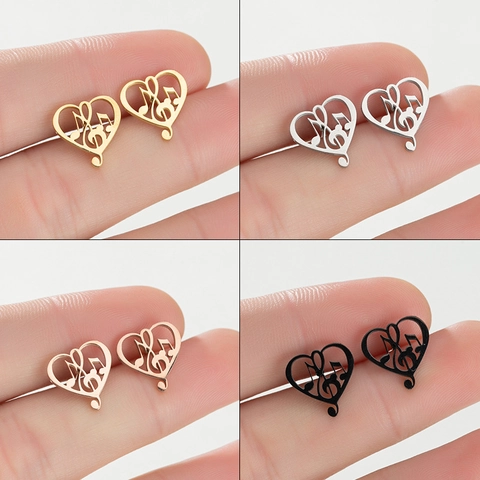 Heart Music Note Stud Earrings Stainless Steel Hollow Geometric G-Clef Musical Jewelry For Women Girls Elegant